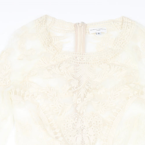 Almost Famous Womens Ivory Cotton A-Line Size 8 Round Neck Zip