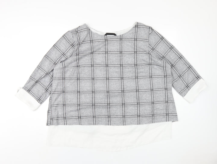 Dunnes Stores Womens Grey Plaid Polyester Basic T-Shirt Size 20 Round Neck