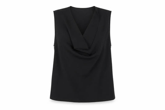 Front view of ASOS women’s black polyester basic tank, size UK 12, cowl neck