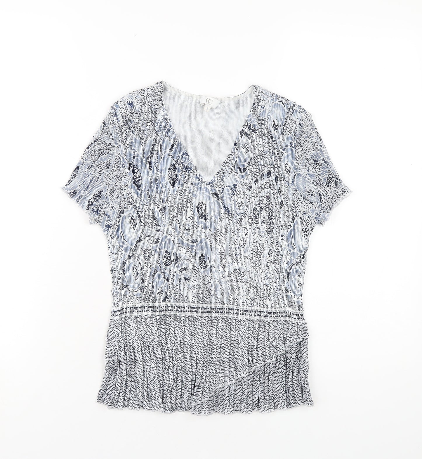 CC Womens Blue Geometric Polyester Basic T-Shirt Size S V-Neck