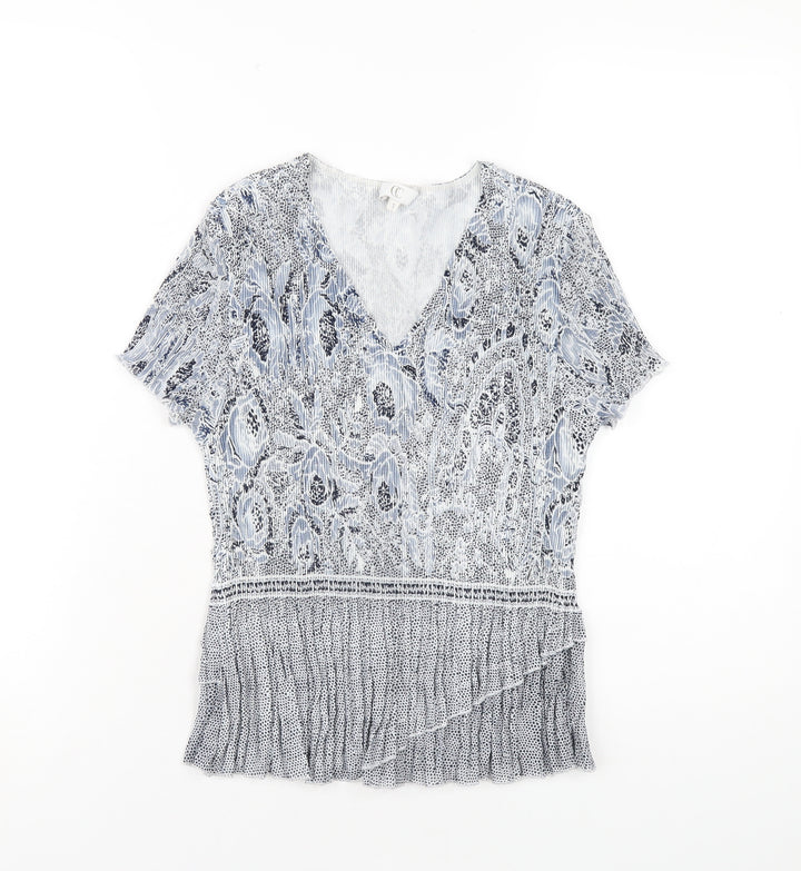 CC Womens Blue Geometric Polyester Basic T-Shirt Size S V-Neck