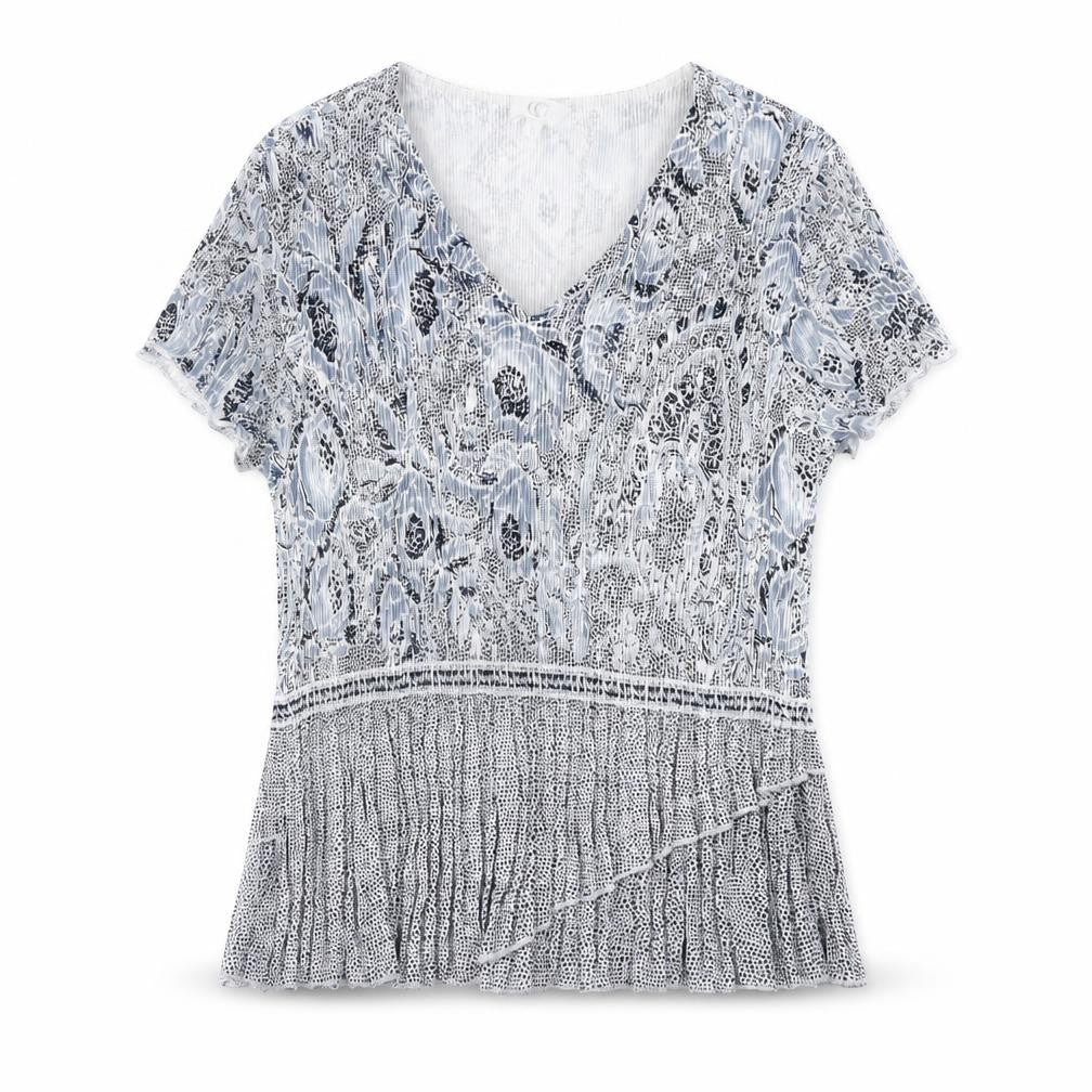 Front view of Country Casuals women’s blue geometric polyester basic t-shirt, size S, v-neck