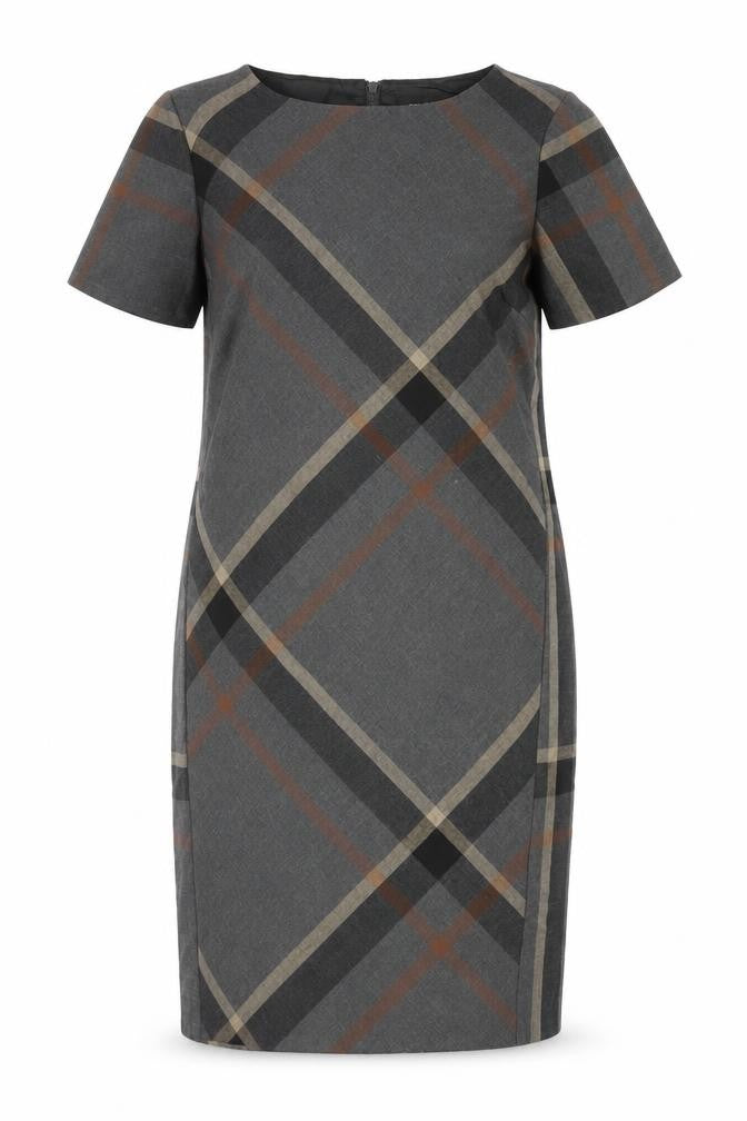 Front view of Next women’s grey plaid polyester pencil dress, size UK 10, round neck zip