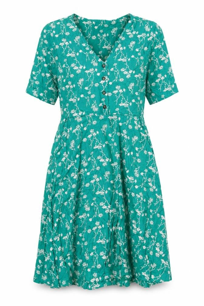 Front view of Cynthis Rowley women’s green geometric viscose a-line, size S, v-neck pullover