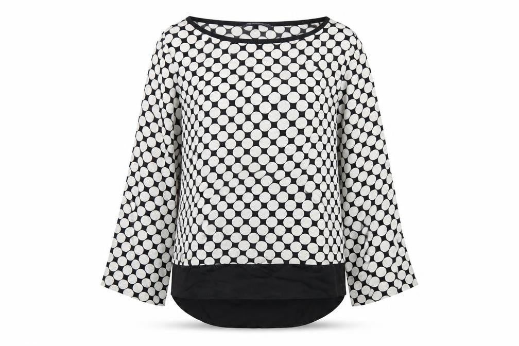 Front view of Marks & Spencer women’s black polka dot polyester basic t-shirt, size UK 8, round neck