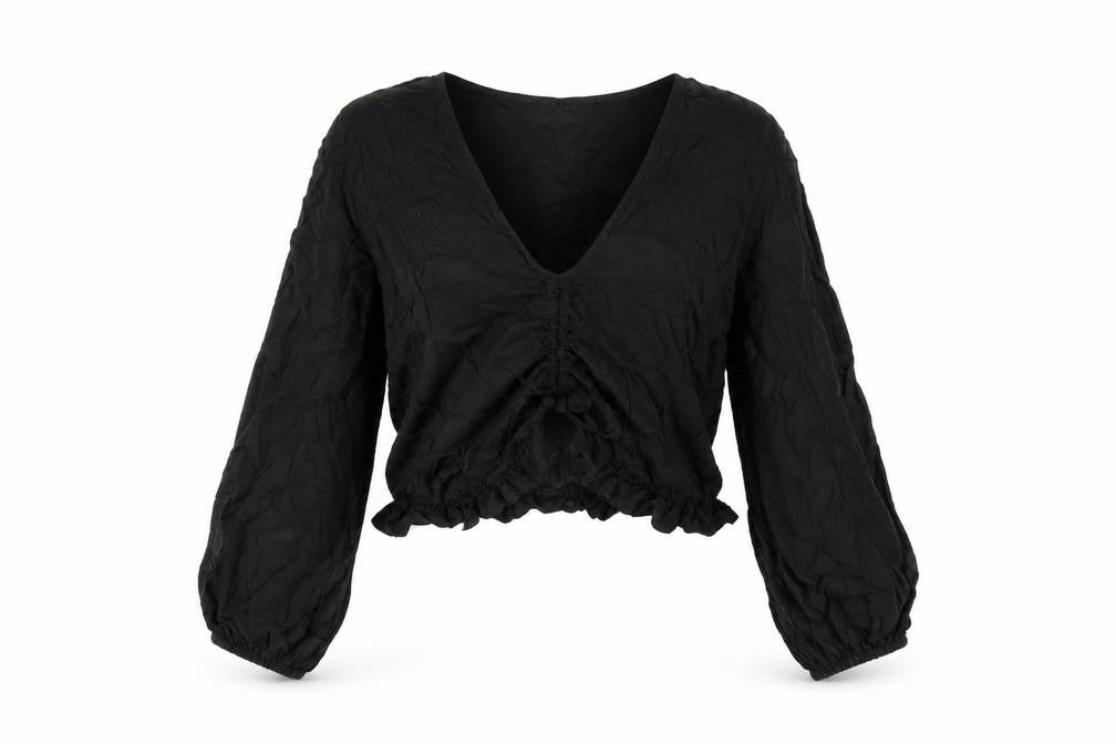 Front view of Lost Stock women’s black viscose basic t-shirt, size M, v-neck