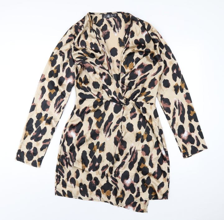 Missguided Womens Brown Animal Print Polyester A-Line Size 10 V-Neck Zip