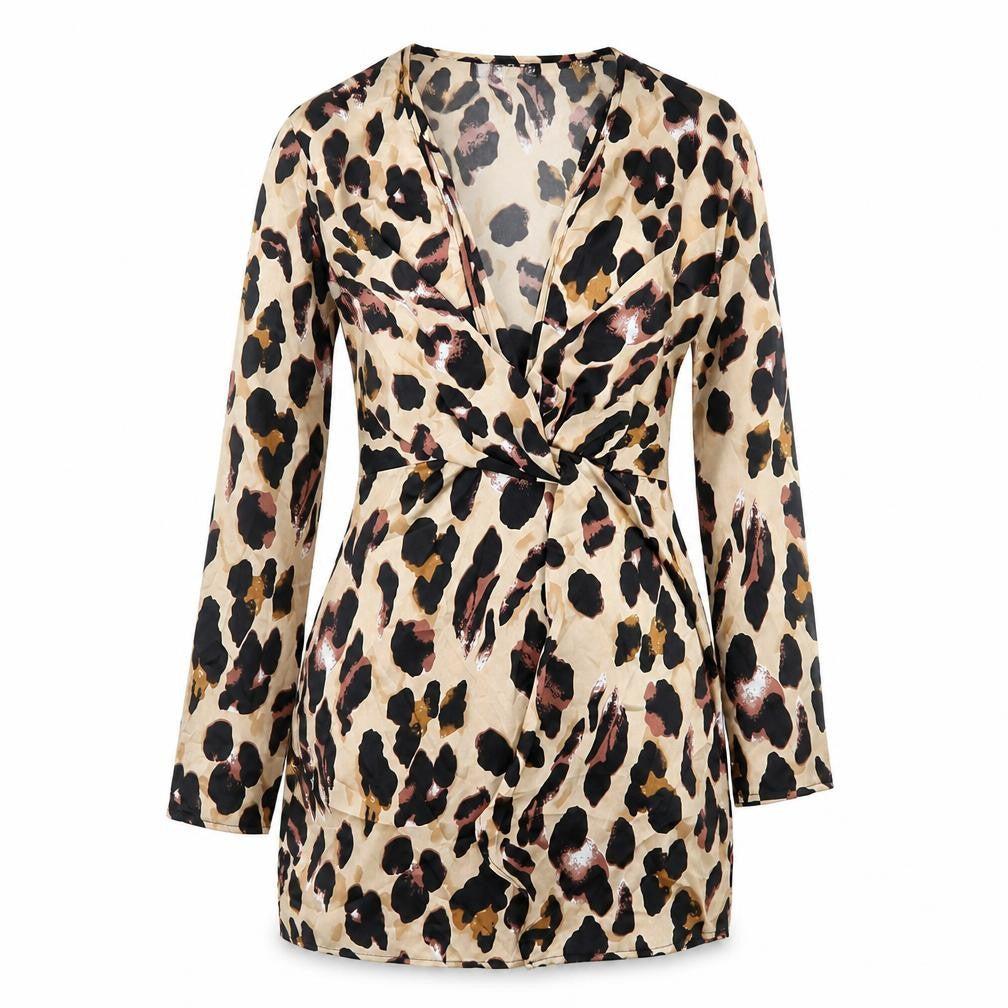 Front view of Missguided women’s brown animal print polyester a-line, size UK 10, v-neck zip