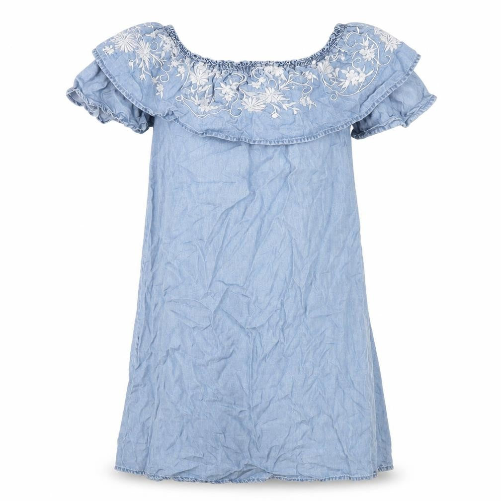 Front view of Dorothy Perkins women’s blue polyester a-line, size UK 10, off the shoulder pullover