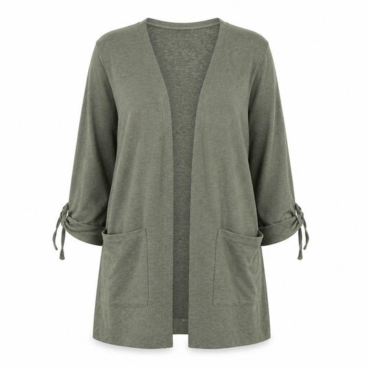 Front view of Principles women’s green v-neck polyester cardigan jumper, size UK 12
