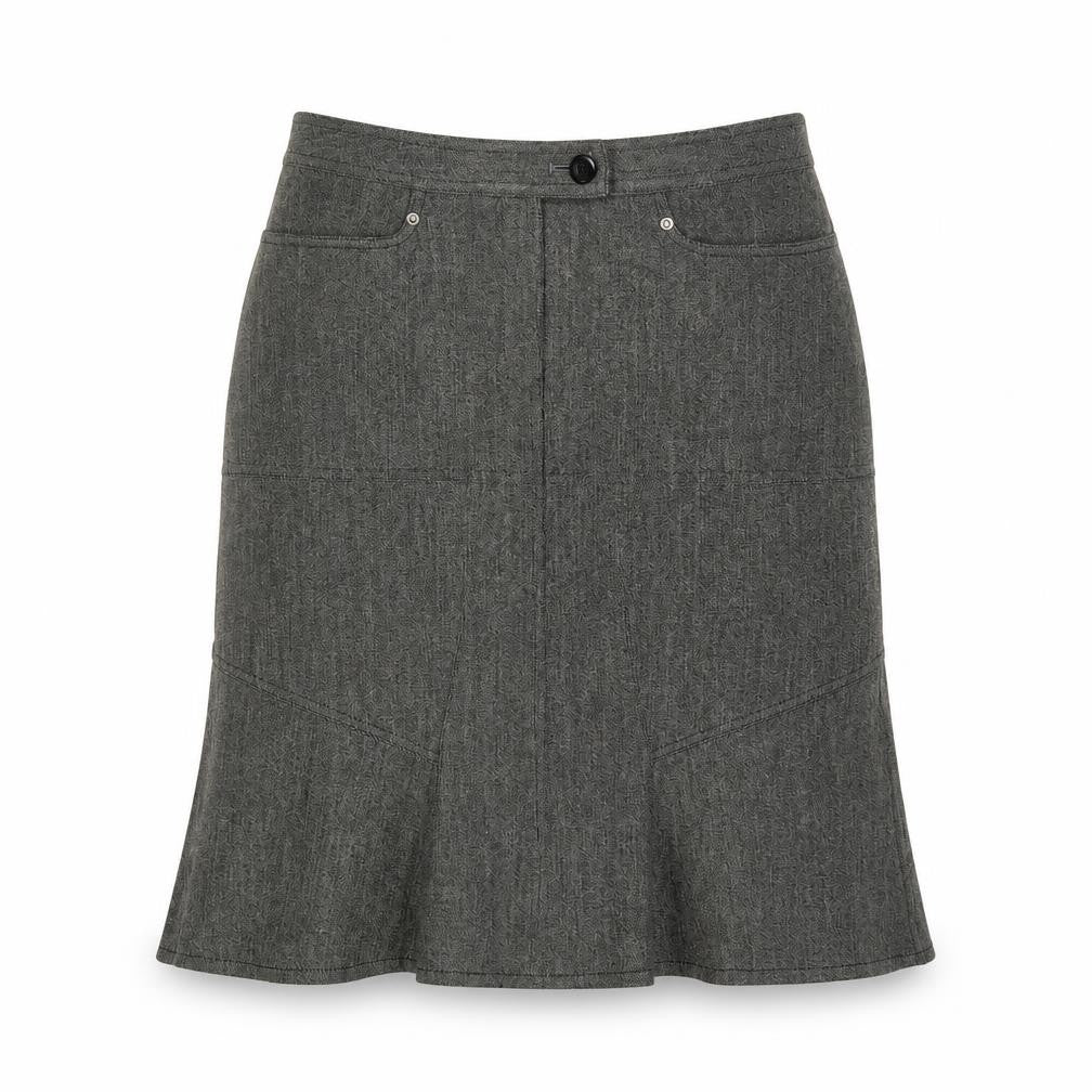 Front view of Ekdutin women’s grey polyester a-line skirt, size UK 14, zip