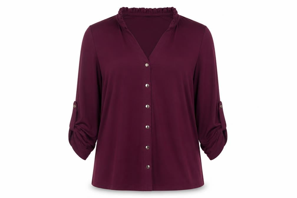 Front view of Roman women’s purple polyester basic button-up, size UK 14, v-neck