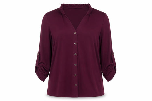Front view of Roman women’s purple polyester basic button-up, size UK 14, v-neck