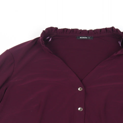 Roman Womens Purple Polyester Basic Button-Up Size 14 V-Neck
