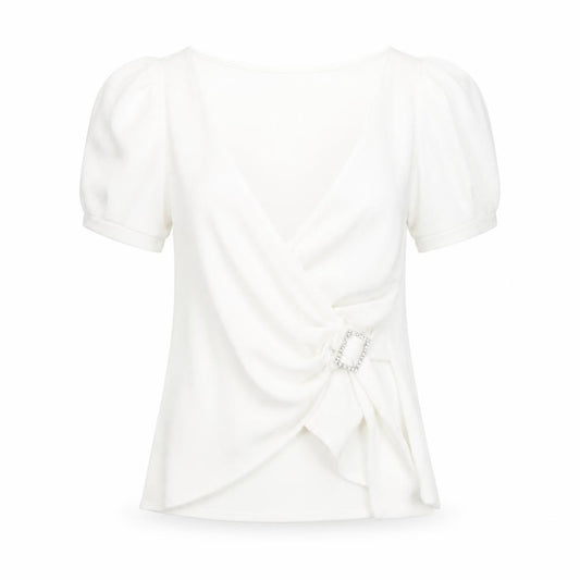 Front view of River Island women’s white polyester wrap blouse, size UK 12, v-neck