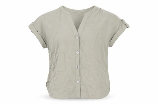 Front view of Forever New women’s green polyester basic button-up, size XS, v-neck