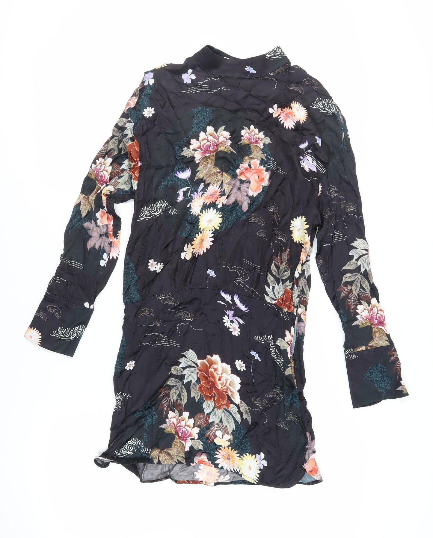 Zara Womens Black Floral Viscose Mini Size S Mock Neck Button