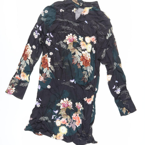 Zara Womens Black Floral Viscose Mini Size S Mock Neck Button