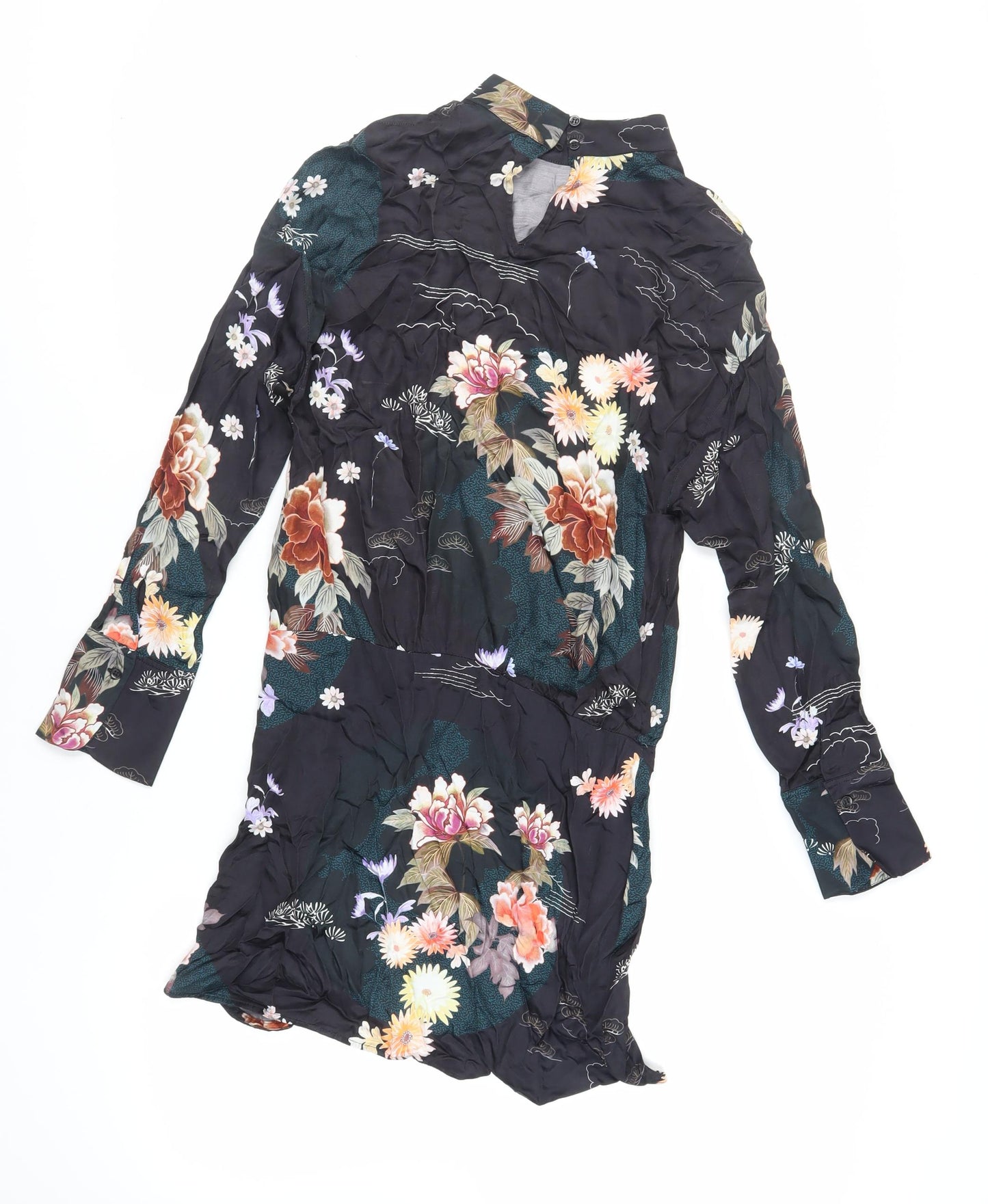 Zara Womens Black Floral Viscose Mini Size S Mock Neck Button