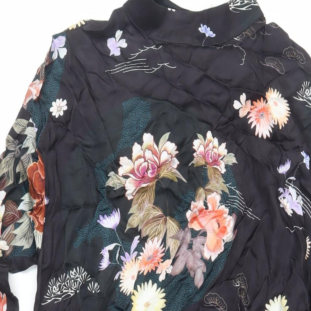 Zara Womens Black Floral Viscose Mini Size S Mock Neck Button