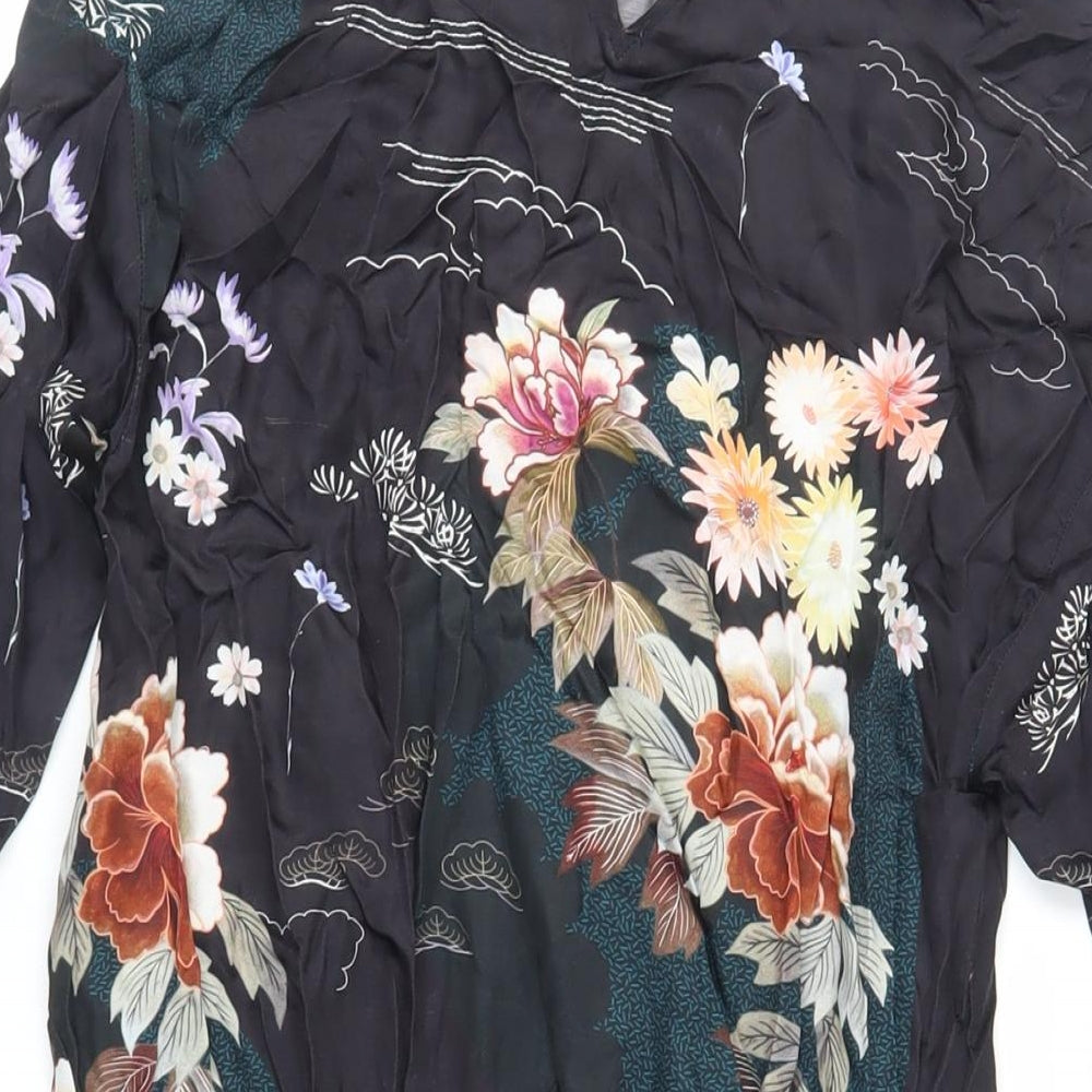Zara Womens Black Floral Viscose Mini Size S Mock Neck Button