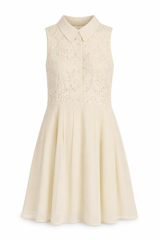 Front view of Pins & Needles women’s beige polyester fit & flare, size S, collared button - lace top