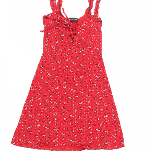 PRETTYLITTLETHING Womens Red Floral Viscose Mini Size 6 Sweetheart Pullover