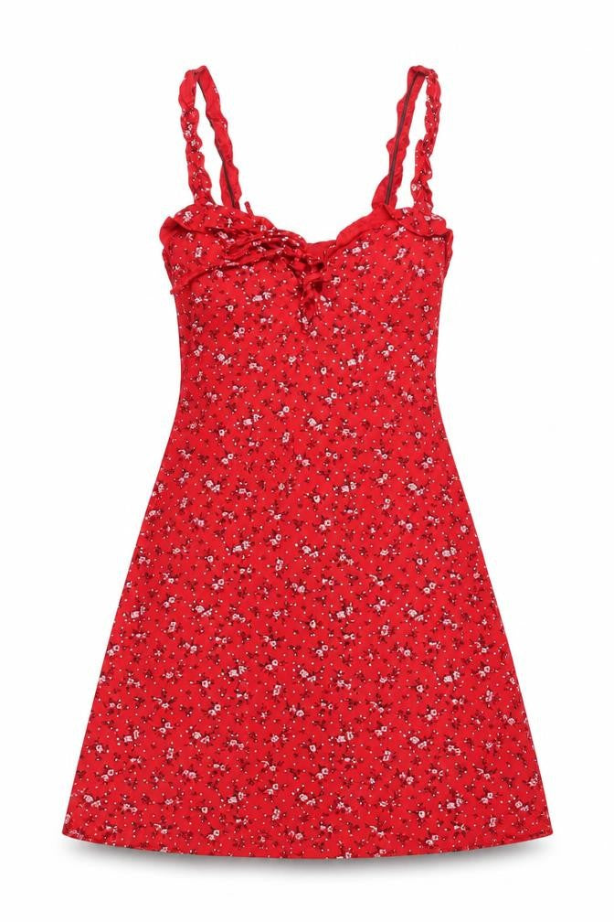 Front view of PRETTYLITTLETHING women’s red floral viscose mini, size UK 6, sweetheart pullover