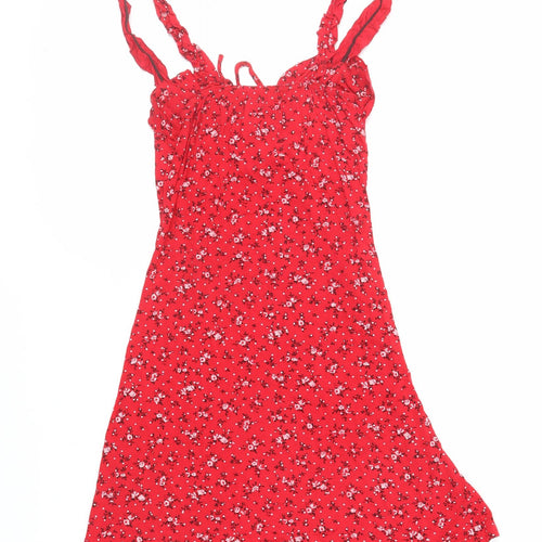 PRETTYLITTLETHING Womens Red Floral Viscose Mini Size 6 Sweetheart Pullover