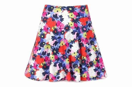Front view of Great Plains London women’s multicoloured floral cotton flare skirt, size UK 10, zip - lined