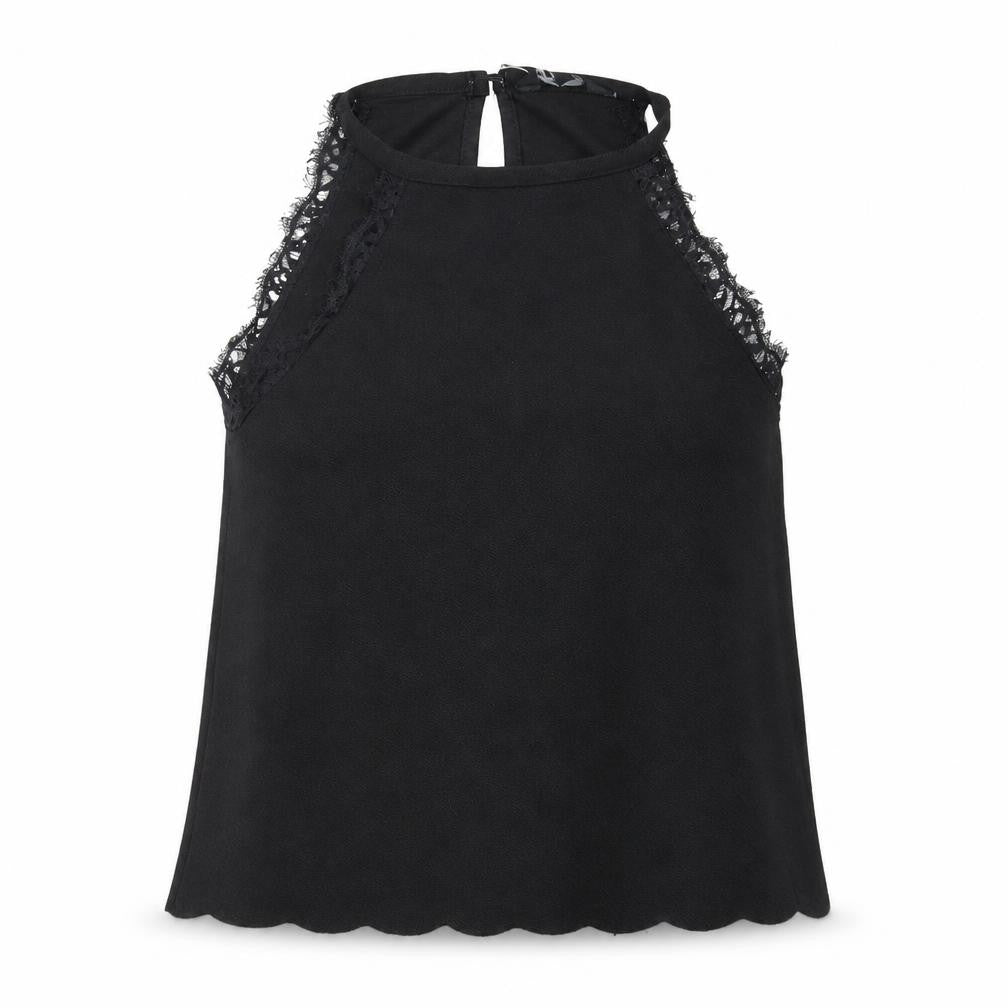 Front view of New Look women’s black polyester basic tank, size UK 8, halter - lace trim