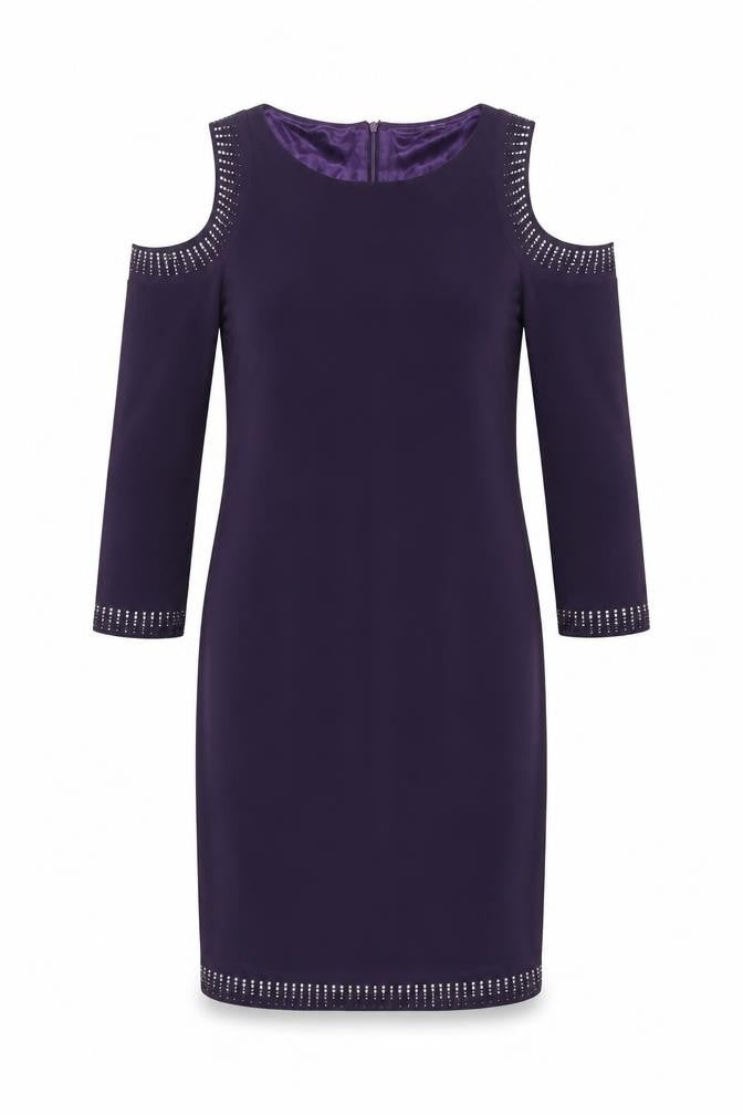 Front view of Klass women’s purple polyester shift, size UK 12, boat neck zip - embellished
