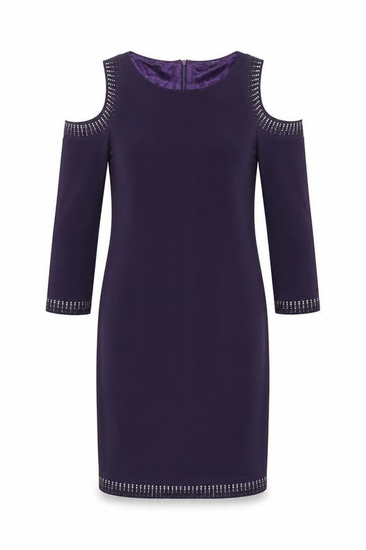 Front view of Klass women’s purple polyester shift, size UK 12, boat neck zip - embellished