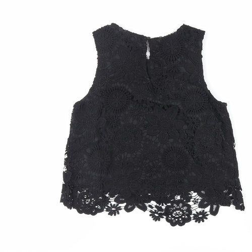 TOPS Womens Black Polyester Basic Tank Size 8 Round Neck - Lace Overlay