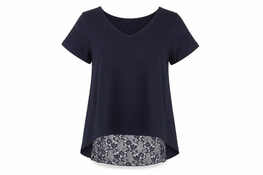 Front view of French Connection women’s blue viscose basic blouse, size S, v-neck - lace detail