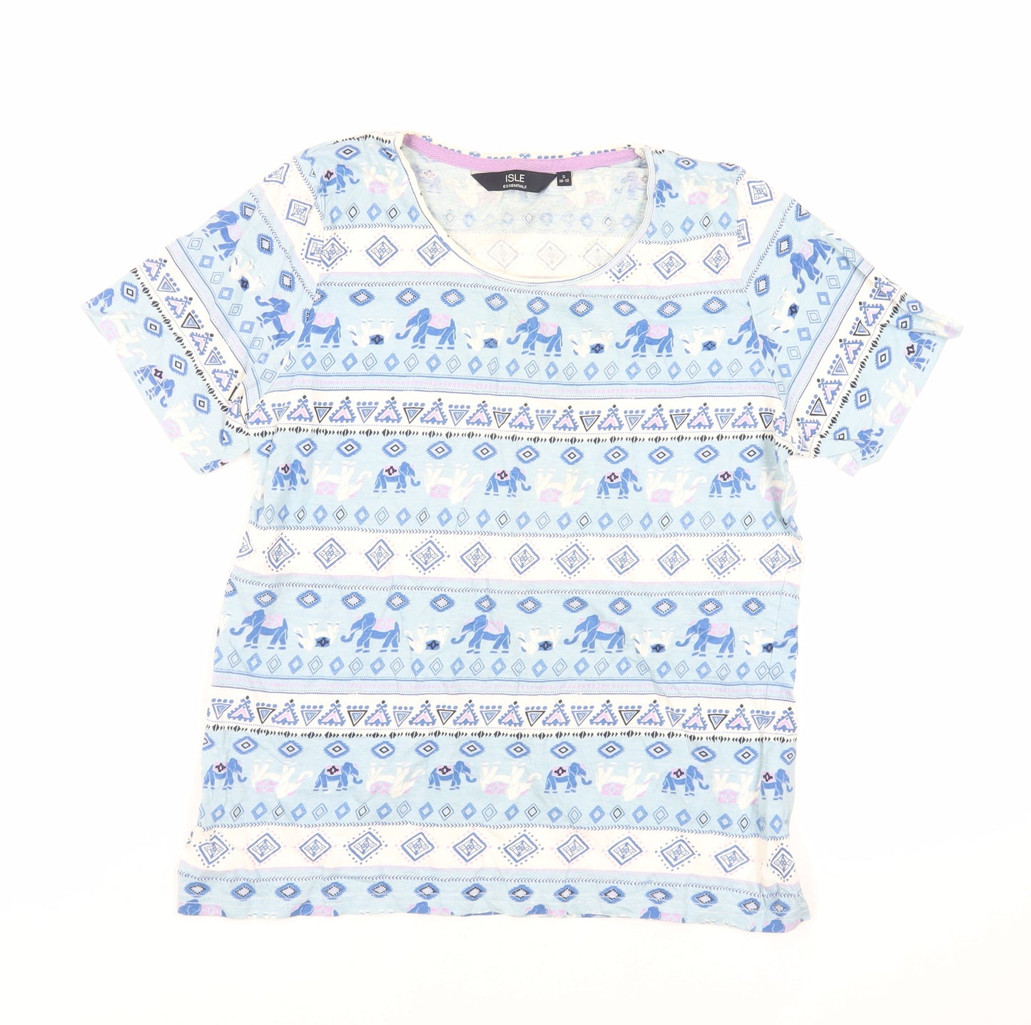 EWM Womens Blue Geometric Cotton Basic T-Shirt Size S Crew Neck
