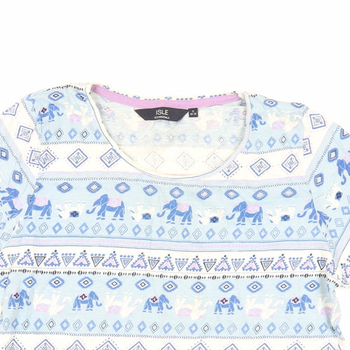 EWM Womens Blue Geometric Cotton Basic T-Shirt Size S Crew Neck