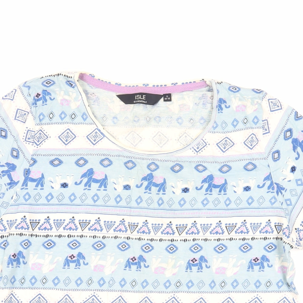 EWM Womens Blue Geometric Cotton Basic T-Shirt Size S Crew Neck