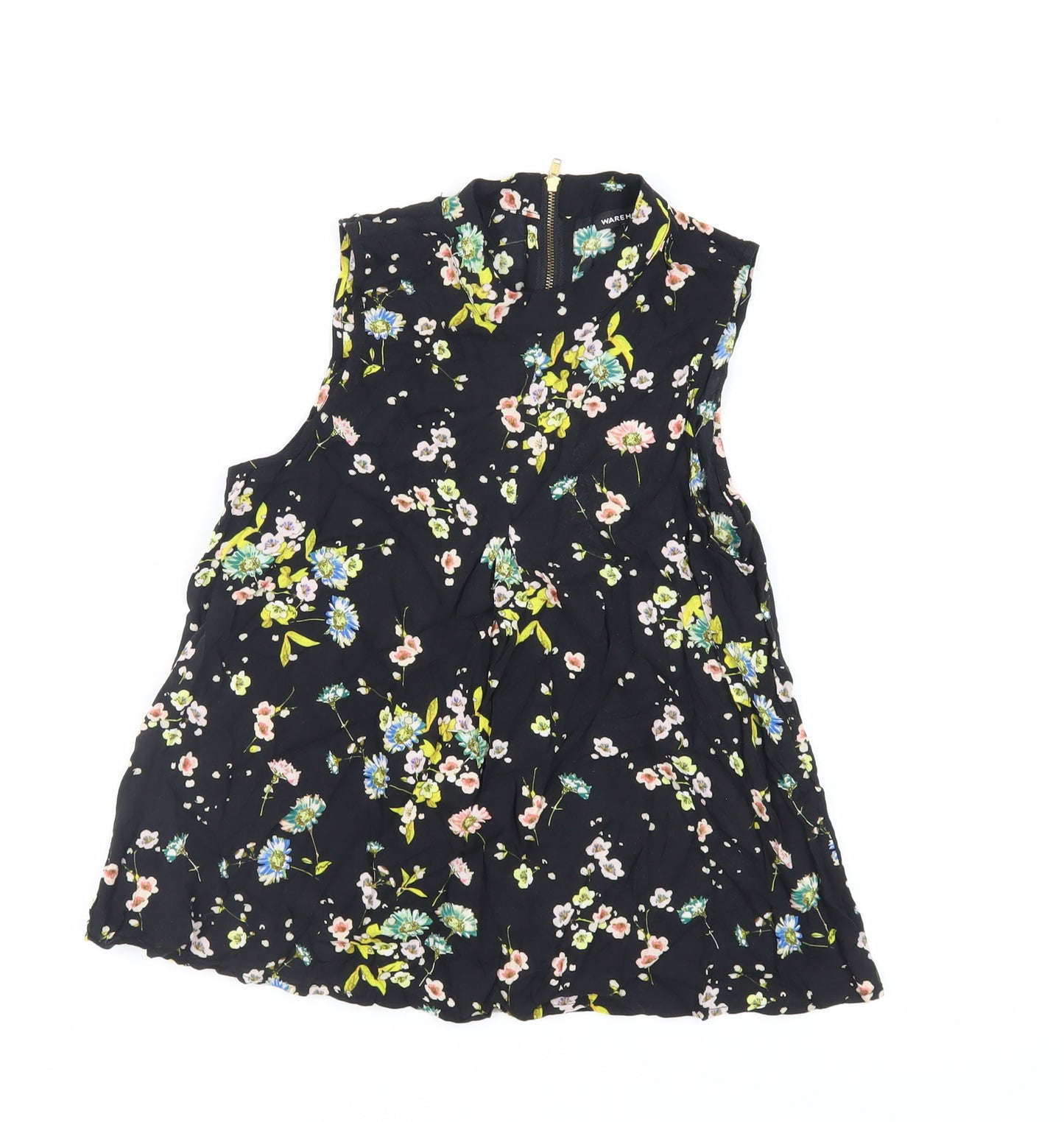 Warehouse Womens Black Floral Viscose Basic Blouse Size 8 Mock Neck