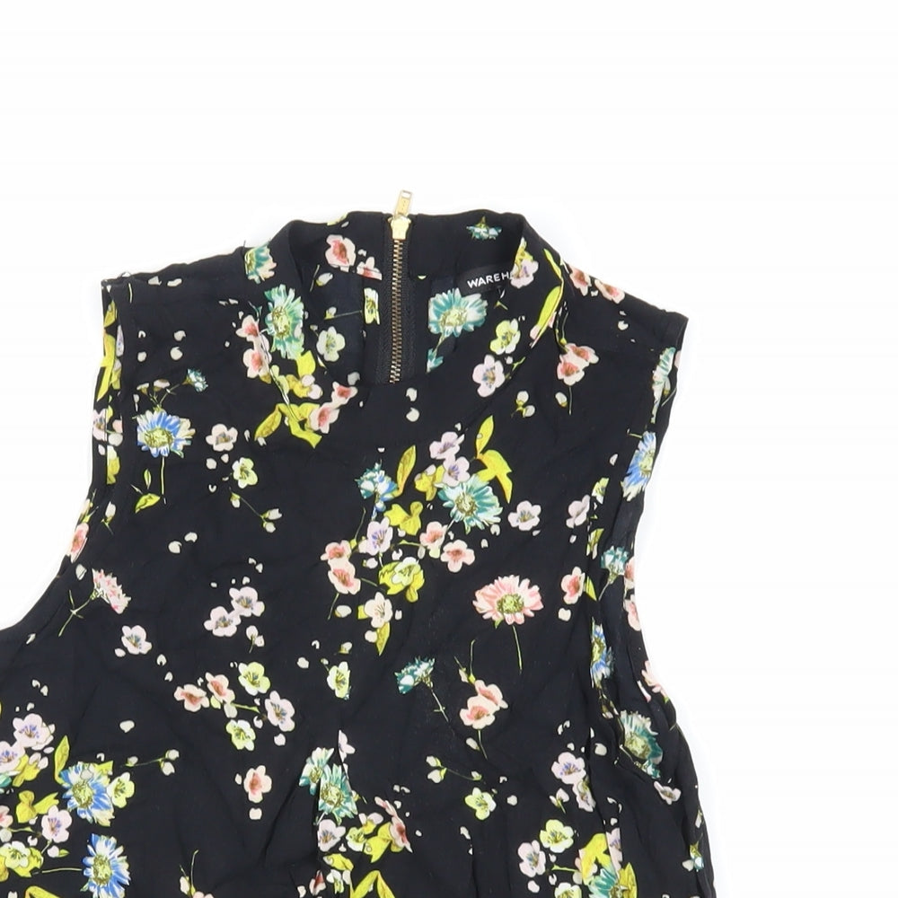 Warehouse Womens Black Floral Viscose Basic Blouse Size 8 Mock Neck