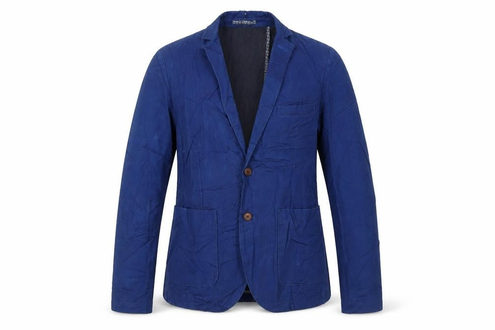 Front view of Burton men’s blue cotton jacket blazer, size 36, regular