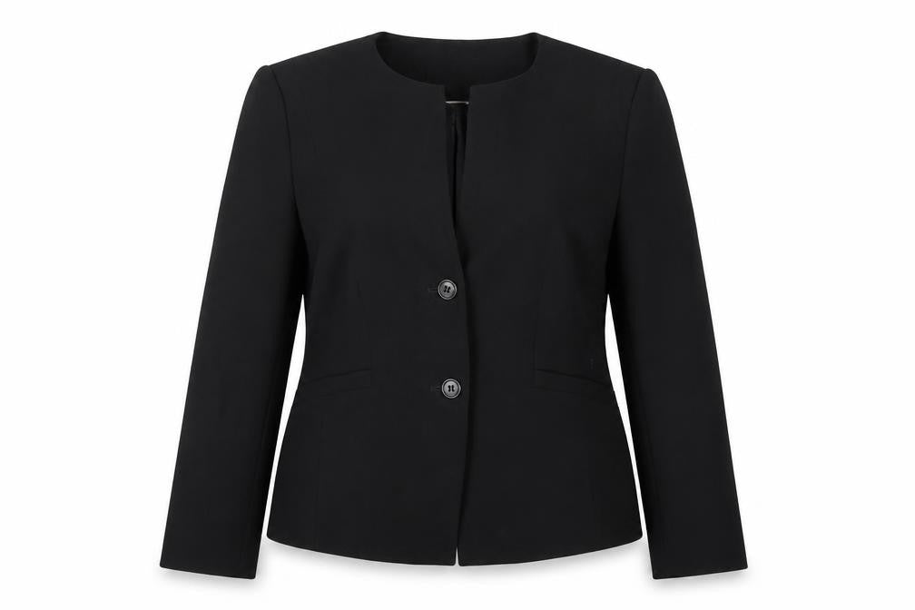 Front view of LUISA CERANO women’s black jacket blazer, size UK 16, button