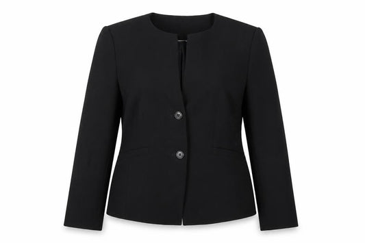 Front view of LUISA CERANO women’s black jacket blazer, size UK 16, button