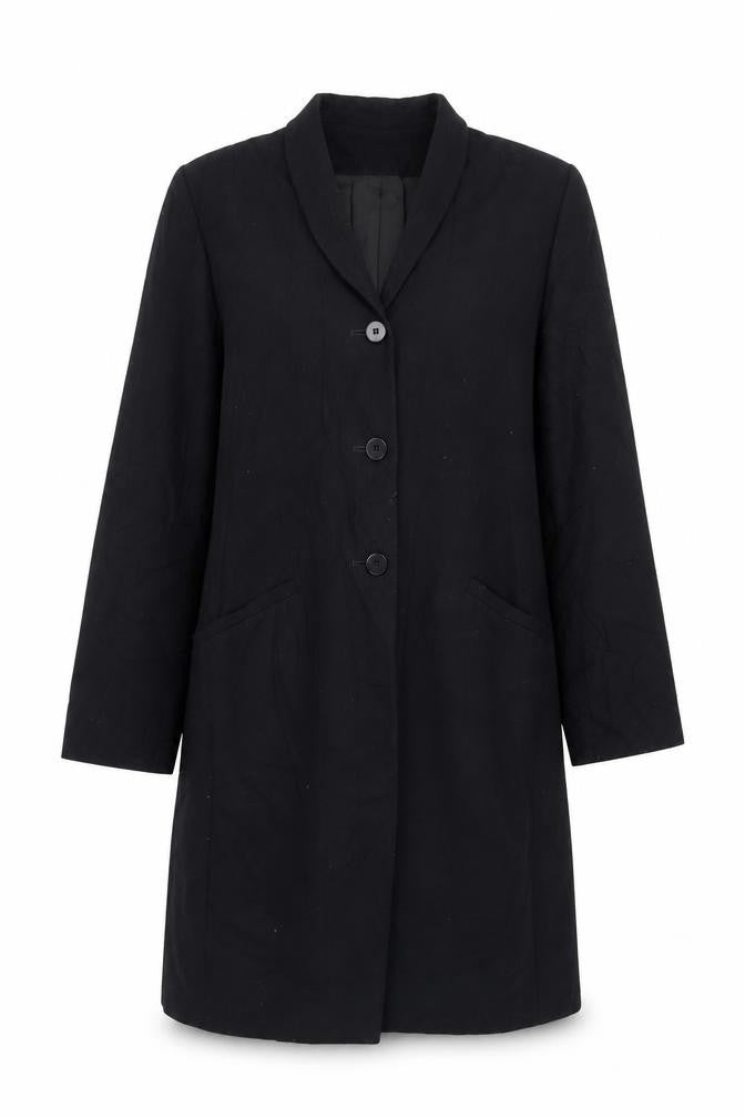 Front view of Pied A Terre women’s black overcoat coat, size UK 10, button