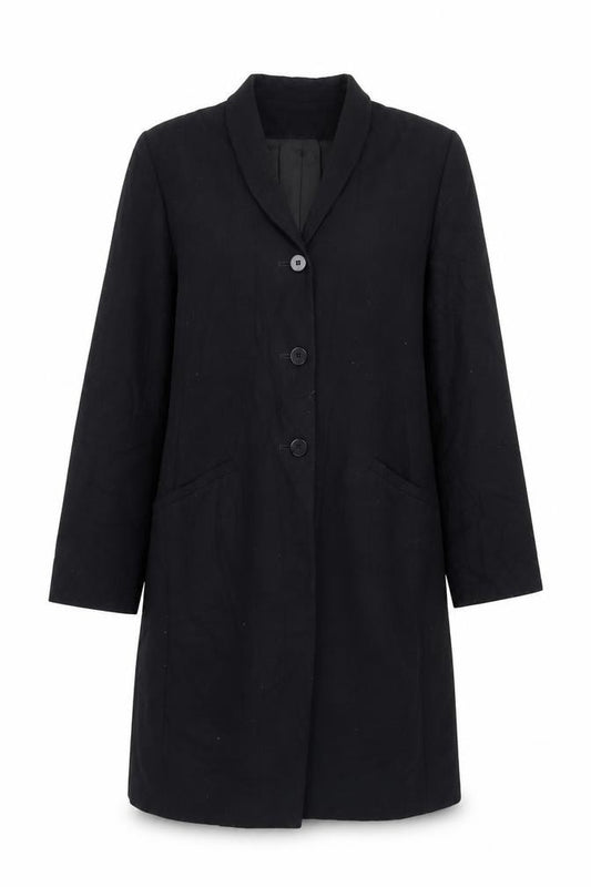 Front view of Pied A Terre women’s black overcoat coat, size UK 10, button