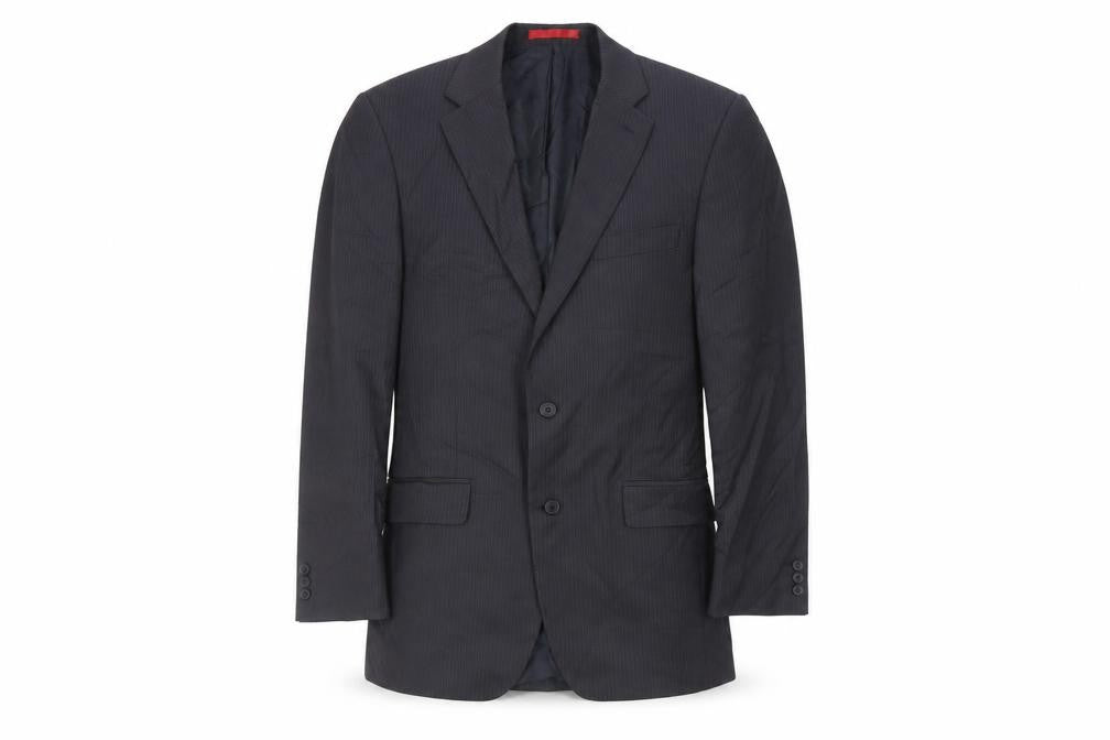 Front view of Burton men’s grey striped polyester jacket suit jacket, size 38, regular