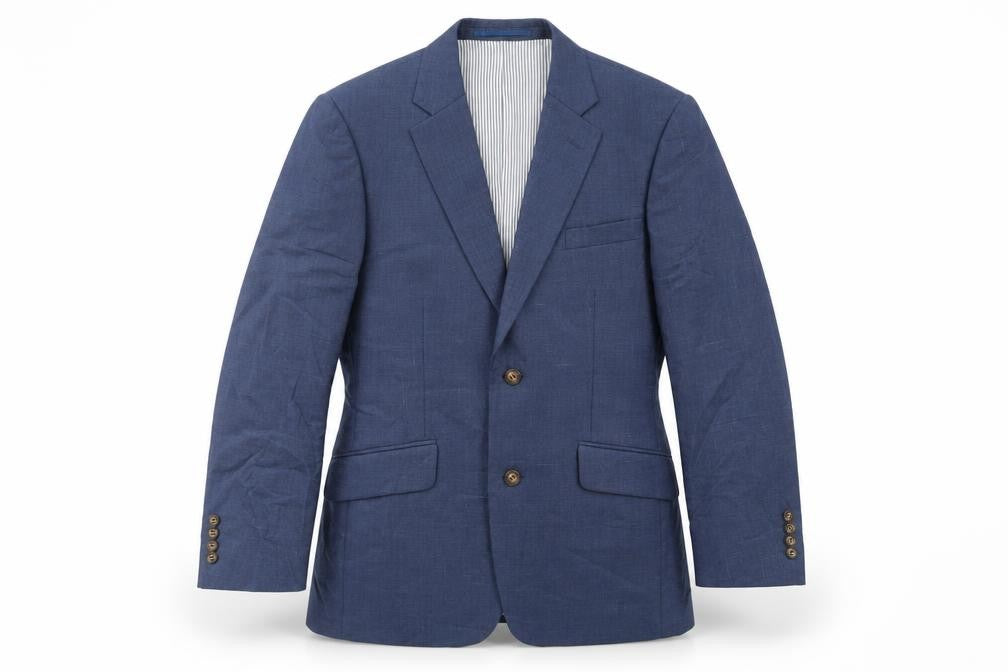 Front view of Brook Taverner men’s blue wool jacket suit jacket, size 38, regular
