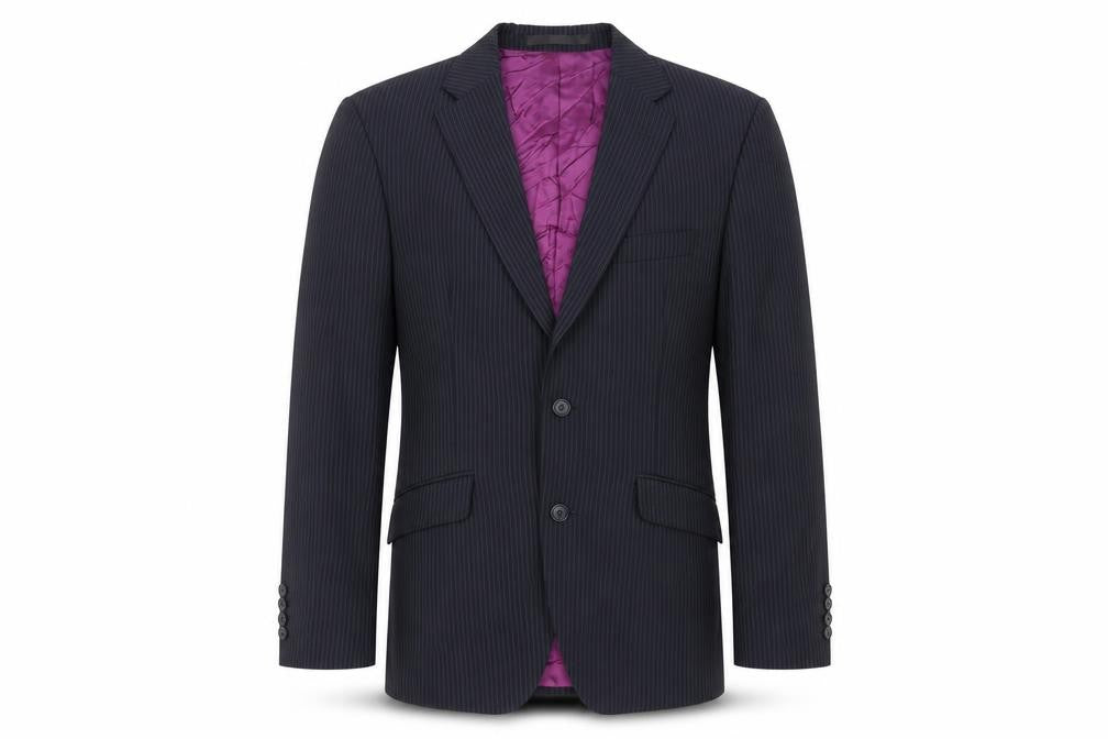 Front view of Autograph men’s blue striped wool jacket suit jacket, size 36, regular