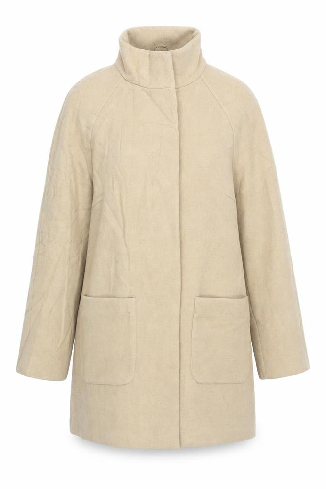 Front view of Marks & Spencer women’s beige overcoat coat, size UK 14, button