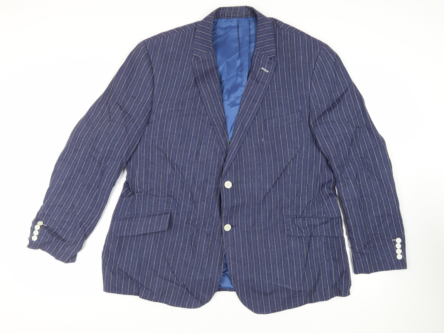 Marks and Spencer Mens Blue Striped Linen Jacket Blazer Size 48 Regular